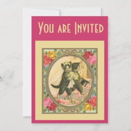 Cat Bride and Groom Wedding Invitation pink yellow Einladung