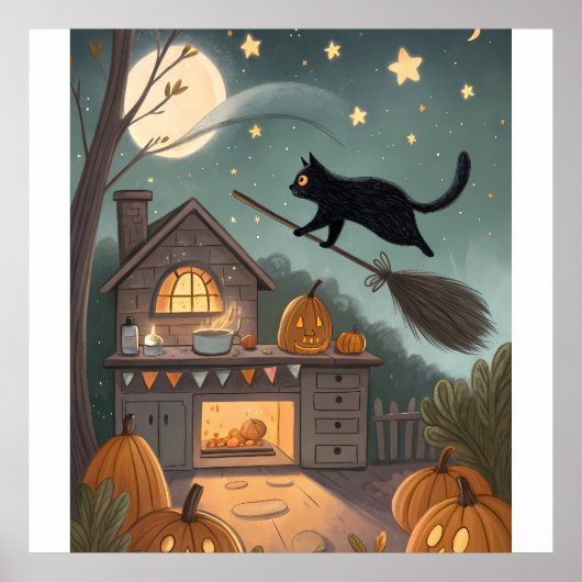 Cat & Broom Duo | Magical Halloween Night Poster (Vorne)