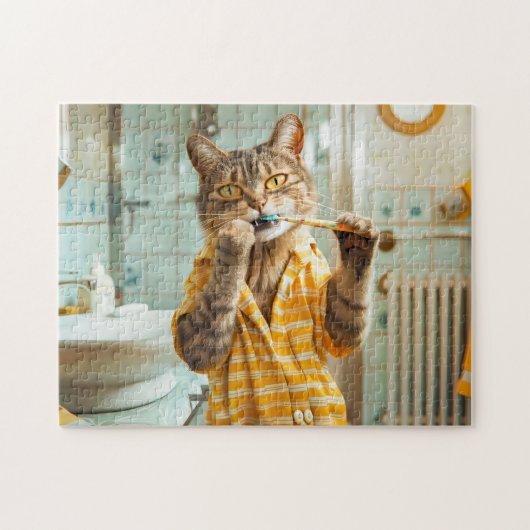 Cat brushing teeth in striped pajamas bathroom puzzle (Horizontal)