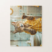 Cat brushing teeth in striped pajamas bathroom puzzle (Vertikal)