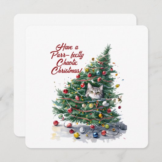 Cat Chaos Weihnachtsbaum Design Wasserfarbe Einladung (Vorne/Hinten)