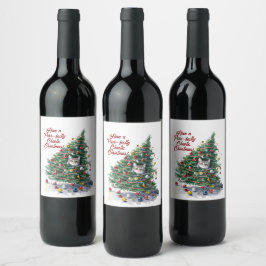 Cat Chaos Weihnachtsbaum Design Wasserfarbe Weinetikett