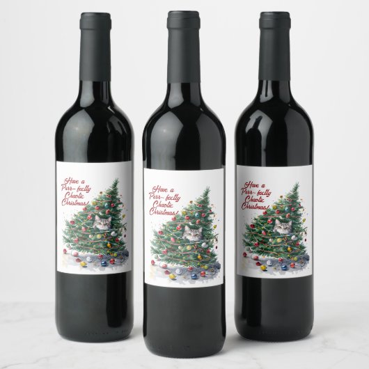 Cat Chaos Weihnachtsbaum Design Wasserfarbe Weinetikett (Flaschen)