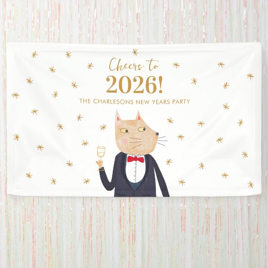 Cat Cheers to 2026 New Year Personalized Party Banner