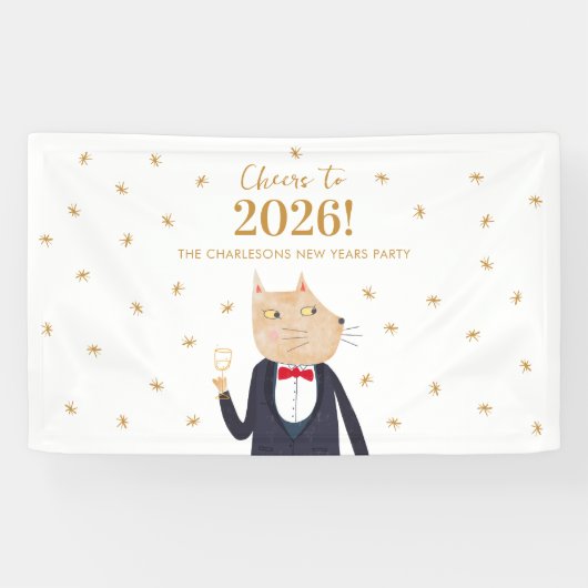 Cat Cheers to 2026 New Year Personalized Party Banner (Horizontal)