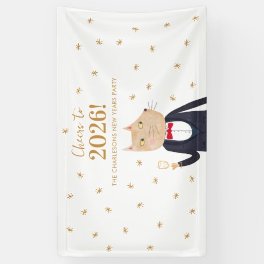 Cat Cheers to 2026 New Year Personalized Party Banner (Vertikal)