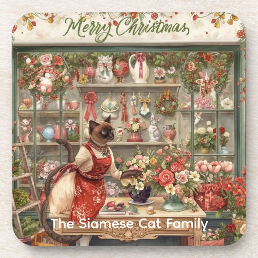 Cat Christmas Blume durch Blumenpapier Getränkeuntersetzer (Vorderseite)