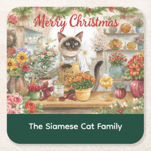 Cat Christmas Blume durch Blumenpapier Rechteckiger Pappuntersetzer
