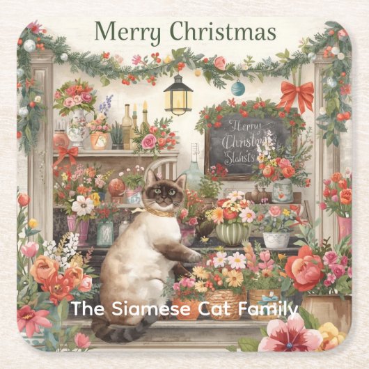 Cat Christmas Blume durch Blumenpapier Rechteckiger Pappuntersetzer (Vorderseite)