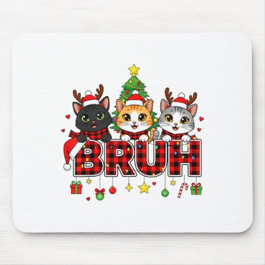 Cat Christmas Light Reindeer Santa Bruh Funny Mousepad (Vorne)