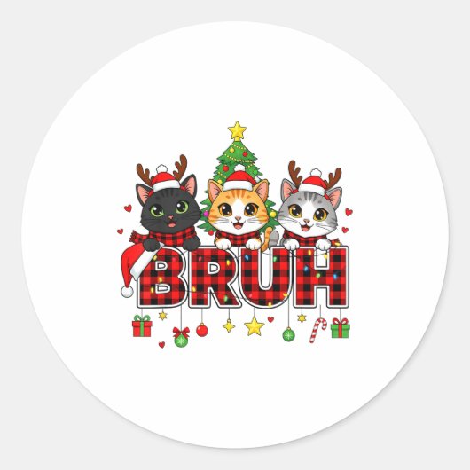 Cat Christmas Light Reindeer Santa Bruh Funny  Runder Aufkleber (Vorderseite)