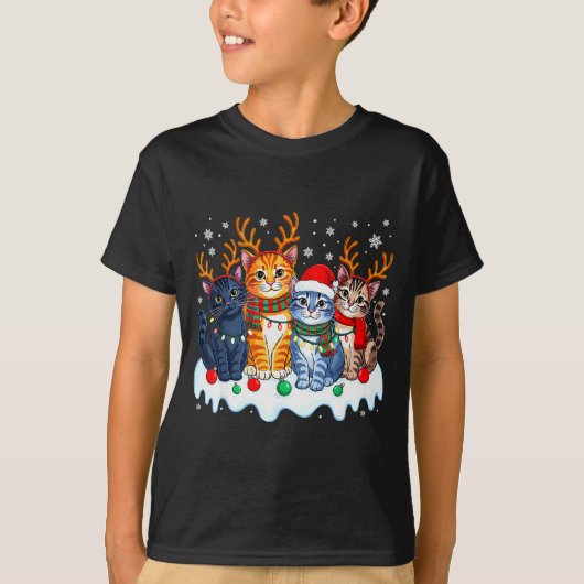 Cat Christmas Light Reindeer Santa Christmas Funny T-Shirt (Vorderseite)