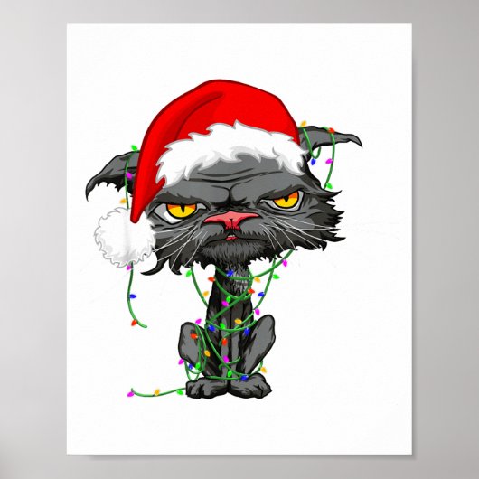 Cat Christmas Lights Bored Cat Santa Hat Funny Cat Poster (Vorne)