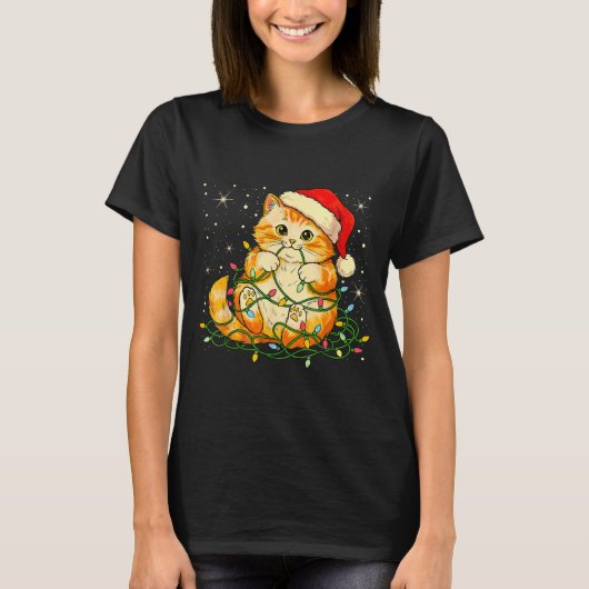 Cat Christmas Lights Santa Hat Xmas Cats Lover Pet T-Shirt (Vorderseite)