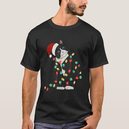 Cat Christmas Lights Tree Santa Hat Cat Christma T-Shirt (Vorderseite)