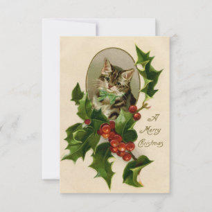 Cat Christmas Merry Holly Kitten Antique Art