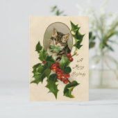 Cat Christmas Merry Holly Kitten Antique Art (Stehend Vorderseite)