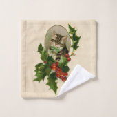 Cat Christmas Merry Holly Kitten Antique Art Badhandtuch Set (Waschlappen)