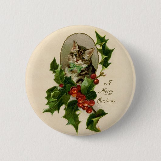 Cat Christmas Merry Holly Kitten Antique Art Button (Vorderseite)