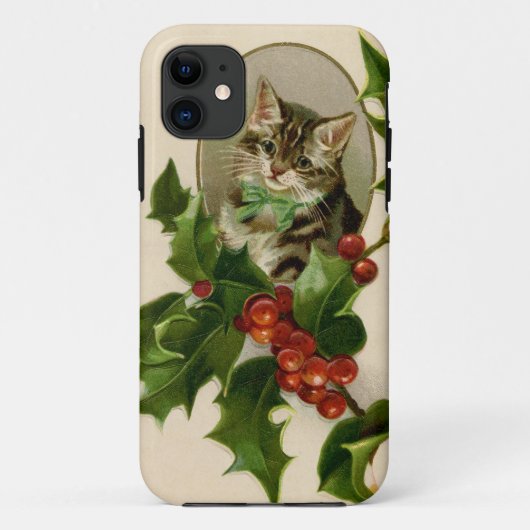 Cat Christmas Merry Holly Kitten Antique Art Case-Mate iPhone Hülle (Rückseite)
