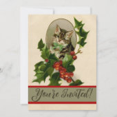 Cat Christmas Merry Holly Kitten Antique Art Einladung (Vorderseite)