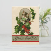 Cat Christmas Merry Holly Kitten Antique Art Einladung (Stehend Vorderseite)