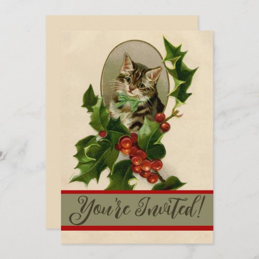 Cat Christmas Merry Holly Kitten Antique Art Einladung (Vorne/Hinten)