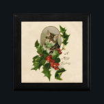 Cat Christmas Merry Holly Kitten Antique Art Erinnerungskiste<br><div class="desc">Ein sehr fröhliches Kätzchen Weihnachten! Diese süße kleine Katze stammt aus dem 18. Jahrhundert und schaut durch einen Spritzguss festlicher Weihnachtslieder-Blätter nach draußen.</div>