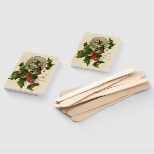 Cat Christmas Merry Holly Kitten Antique Art Fächer (Non-assembled)