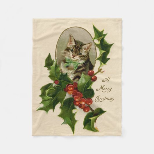 Cat Christmas Merry Holly Kitten Antique Art Fleecedecke (Vorderseite)