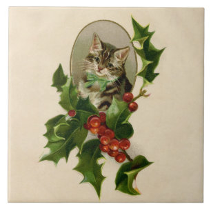 Cat Christmas Merry Holly Kitten Antique Art Fliese