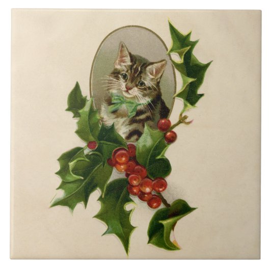 Cat Christmas Merry Holly Kitten Antique Art Fliese (Vorderseite)