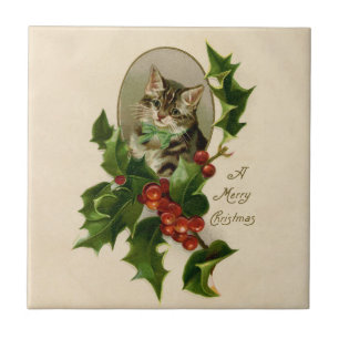 Cat Christmas Merry Holly Kitten Antique Art Fliese