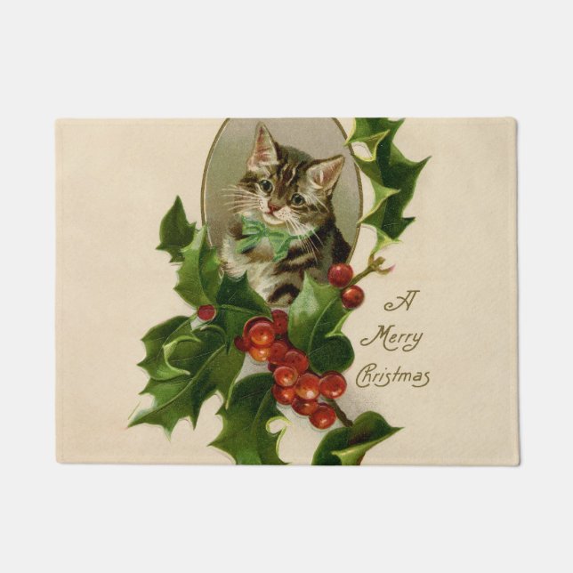 Cat Christmas Merry Holly Kitten Antique Art Fußmatte (Vorderseite)