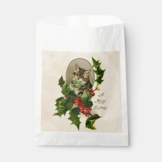 Cat Christmas Merry Holly Kitten Antique Art Geschenktütchen (Vorderseite)