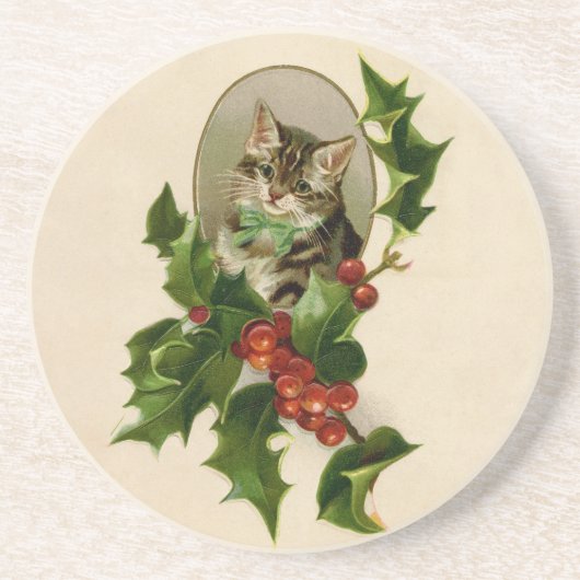 Cat Christmas Merry Holly Kitten Antique Art Getränkeuntersetzer (Vorne)