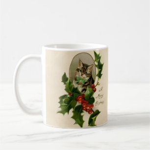 Cat Christmas Merry Holly Kitten Antique Art Kaffeetasse