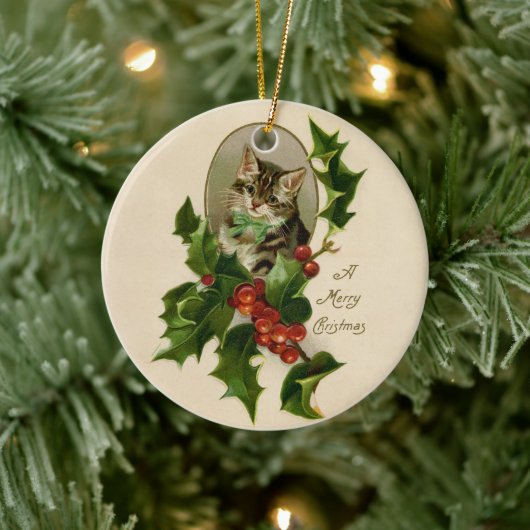 Cat Christmas Merry Holly Kitten Antique Art Keramik Ornament (Baum)