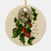 Cat Christmas Merry Holly Kitten Antique Art Keramik Ornament (Vorne)