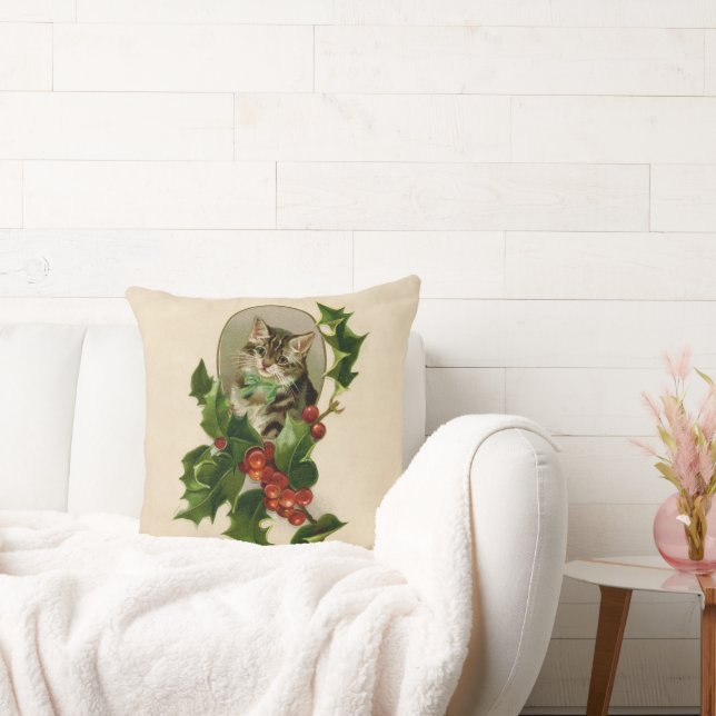 Cat Christmas Merry Holly Kitten Antique Art Kissen (Liege)