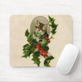 Cat Christmas Merry Holly Kitten Antique Art Mousepad (Mit Mouse)