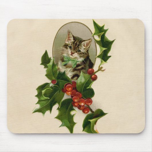 Cat Christmas Merry Holly Kitten Antique Art Mousepad (Vorne)