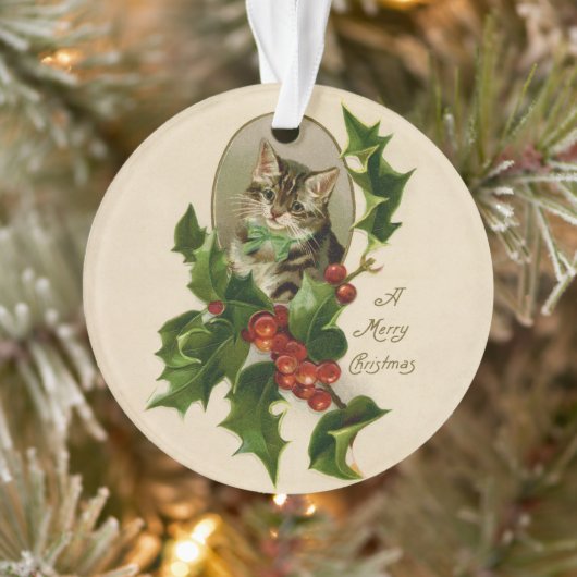 Cat Christmas Merry Holly Kitten Antique Art Ornament (Baum)