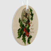 Cat Christmas Merry Holly Kitten Antique Art Ornament (Vorderseite)
