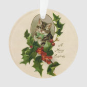 Cat Christmas Merry Holly Kitten Antique Art Ornament (Vorderseite)