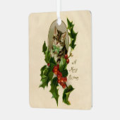 Cat Christmas Merry Holly Kitten Antique Art Ornament Aus Metall (Vorderseite links)