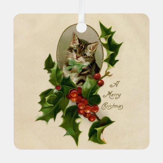 Cat Christmas Merry Holly Kitten Antique Art Ornament Aus Metall (Vorderseite)