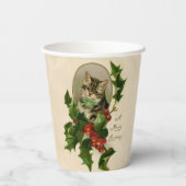 Cat Christmas Merry Holly Kitten Antique Art Pappbecher (Rückseite)