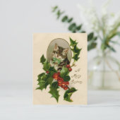 Cat Christmas Merry Holly Kitten Antique Art Postkarte (Stehend Vorderseite)