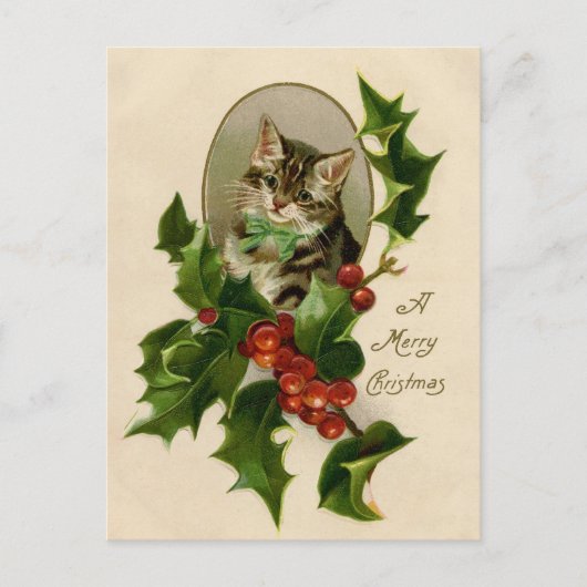 Cat Christmas Merry Holly Kitten Antique Art Postkarte (Vorderseite)